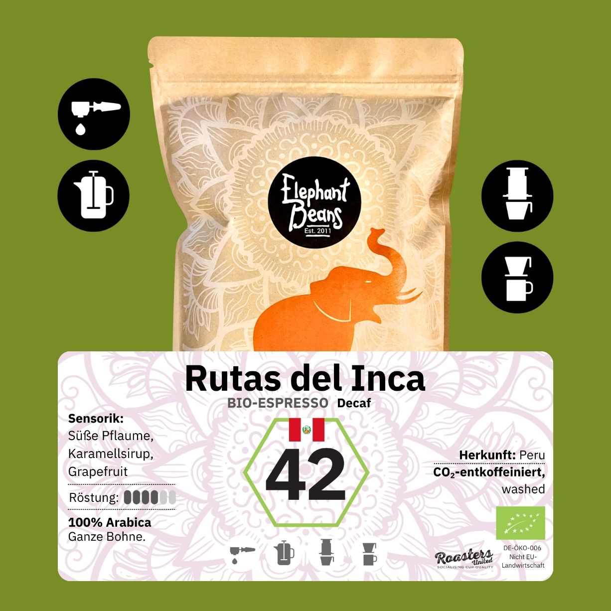 Rutas del Inca DECAF, Bio-Espresso (Peru) Röstkaffee, CO²-entkoffeiniert