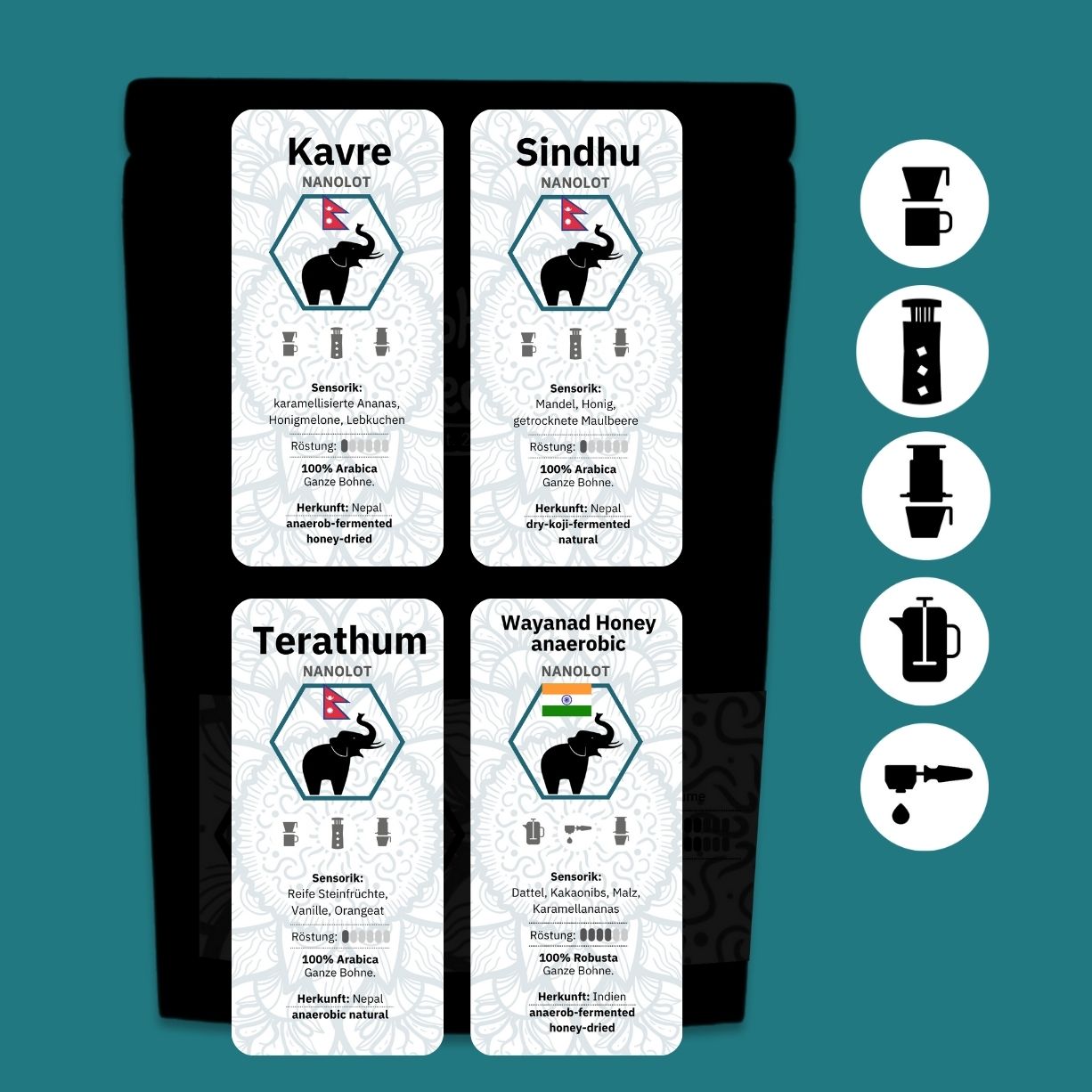 Nanolot-Bundle of four, Kaffee (Nepal, Indien), 4x90g Röstkaffee