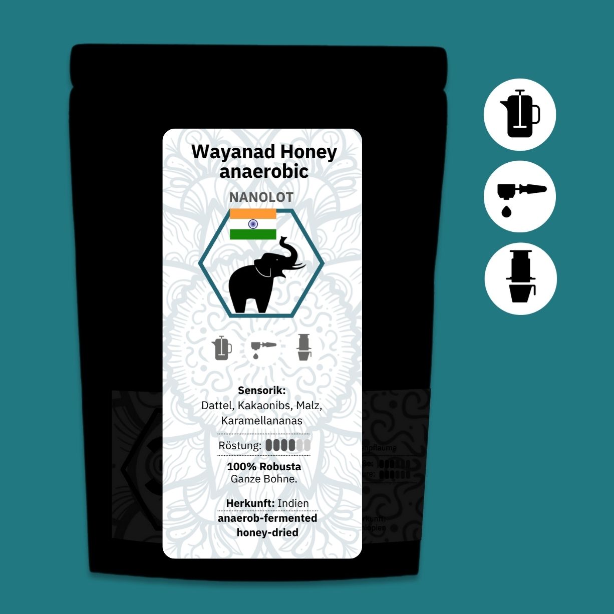 Wayanad Honey Anaerobic Fine Robusta, Bio-Espresso (Indien) Röstkaffee